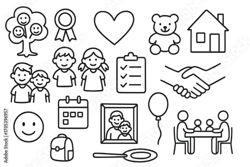 Foster Family Doodle Icons. Hand-drawn doodle illustration foster family care family, children, house, heart, toys, school bag,