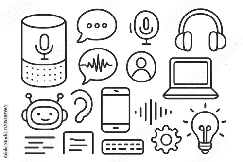 Smart Speaker Doodle Icons. Hand-drawn doodle illustration smart speaker design smart speaker, microphone, speech bubble, waveform