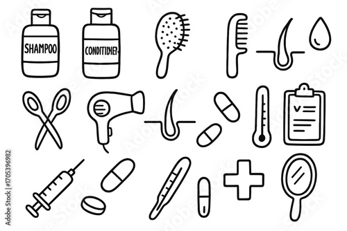 Hair Care Essentials. Hand-drawn doodle illustration hair care shampoo bottle, conditioner, hairbrush, comb, scissors, hair dryer,