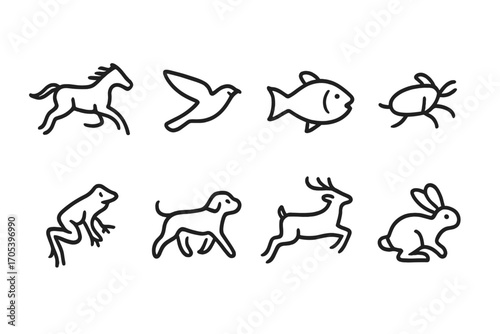 Animal and Transport Icons. Outline icon set of animal movement: running horse, flying bird, swimming fish, crawling insect,