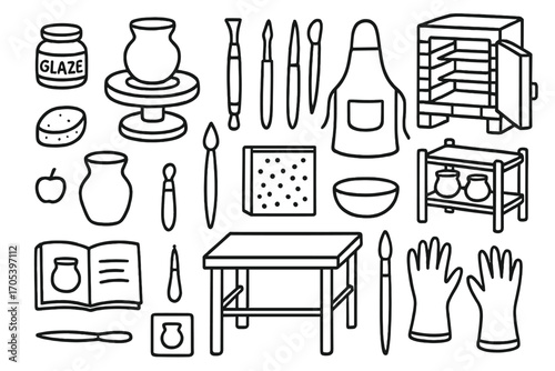 Pottery Tools Icons. Hand-drawn doodle illustration handmade pottery clay, potter’s wheel, sculpting tools, kiln, sponge, apron,