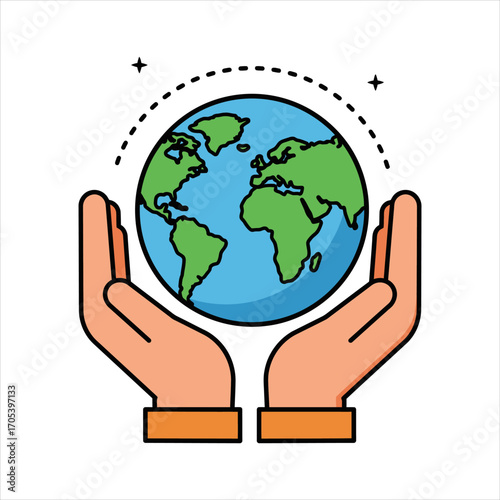 Stylized Earth Globe Held by Two Hands with Dotted Arc and Stars.