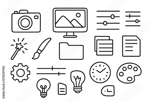 Creative Editing Tools. Hand-drawn doodle illustration photo preset camera, computer screen, sliders, filter, brush, layers panel,