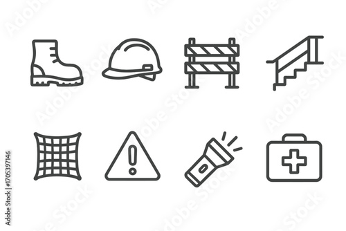 Safety Precaution Icons. Outline icon set of precaution measures: safety boots, helmet, guardrails, handrails, safety net, warning