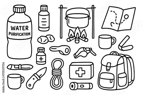Survival Essentials Doodle. Hand-drawn doodle illustration water purification survival water bottle, filter, boiling pot, fire,