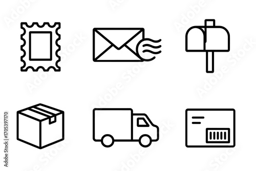 Postage Essentials Icons. Outline icon set of postage essentials: postage stamp, envelope, postmark, mailbox, parcel box, delivery