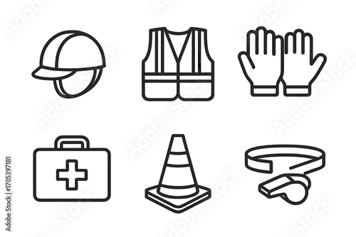 Courier Safety Icons. Outline icon set of courier safety: helmet, safety vest, gloves, face mask, first aid kit, traffic cone,