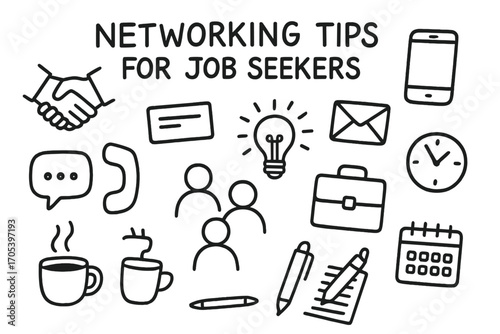 Networking Essentials Icons. Hand-drawn doodle illustration Networking tips for job seekers handshake, business card, phone,