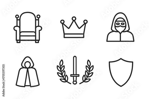 Secret Power Icons. Outline icon set of secret power: throne, crown, chess king, masked figure, cloak, dagger, laurel wreath,