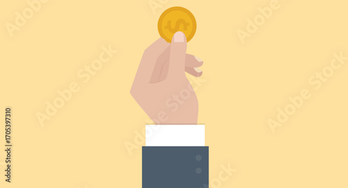 Flat design illustration of a hand holding a coin, showcasing the coin's details and the gesture of giving or receiving, with a clean and minimalist style against a solid background.