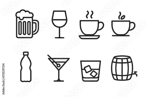 Czech Beverage Icons. Outline icon set of Czech beverages: pilsner beer, wine glass, coffee cup, herbal tea, mineral water bottle,