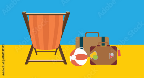 Flat design illustration of a beach umbrella with a colorful beach ball on a sandy beach, viewed from the top, capturing a relaxed, sunny, and vibrant summer scene