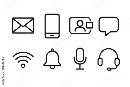 Digital Icons Set. Outline icon set of digital communication: email, smartphone, video call, instant message, wifi signal,