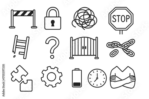 Symbolic Obstacles Icons. Hand-drawn doodle illustration obstacles and inability hurdle, locked padlock, broken ladder, tangled