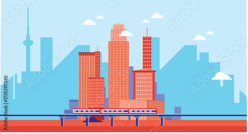 Stylized flat illustration of a cityscape featuring buildings, trees, garden bushes, and decorative elements, urban, modern, and vibrant design.