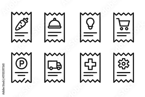Receipt Icon Set. Outline icon set of receipt types: grocery receipt, restaurant bill, utility receipt, online purchase, parking