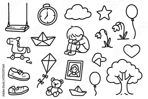 Lost Childhood Symbols. Hand-drawn doodle illustration lost childhood empty swing, broken toy, worn-out shoes, lonely child,
