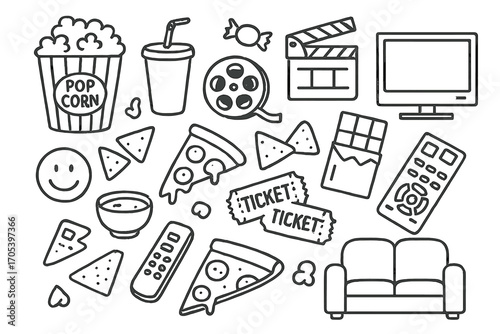 Movie Night Doodles. Hand-drawn doodle illustration movie night snacks popcorn bucket, soda cup, candy, chocolate bar, pizza slice