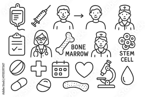 Bone Marrow Donation Icons. Hand-drawn doodle illustration bone marrow donation blood bag, syringe, donor, recipient, clipboard,