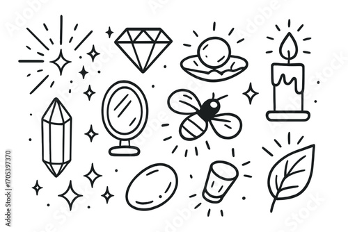 Radiant Doodle Elements. Hand-drawn doodle illustration radiant luster light rays, sparkle, diamond, pearl, glowing star, candle