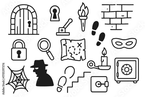 Mystery Passage Icons. Hand-drawn doodle illustration secret passage door, keyhole, torch, stone wall, lock, hidden lever, map,
