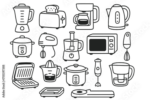 Kitchen Appliance Doodles. Hand-drawn doodle illustration Small kitchen appliances blender, toaster, coffee maker, electric kettle