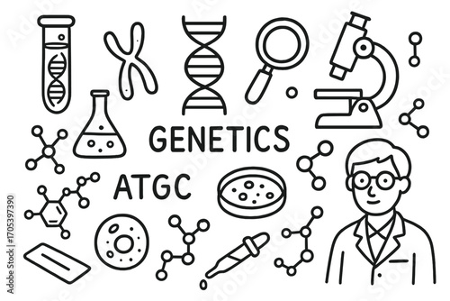 Genetic Lab Doodle. Hand-drawn doodle illustration Genetics lab tools and DNA test tube, DNA double helix, microscope, lab flask,
