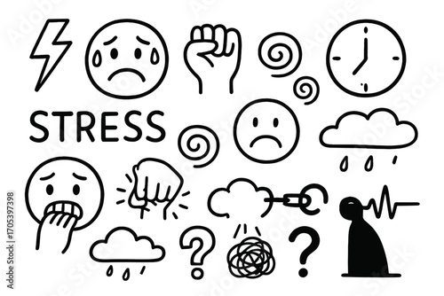 Stress Doodle Collage. Hand-drawn doodle illustration stress lightning bolt, sweating face, clenched fist, clock, spirals,