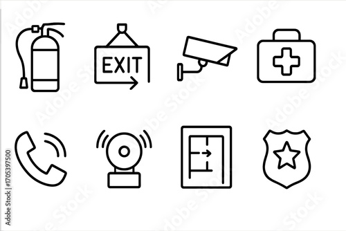 Club Safety Icons. Outline icon set of club safety: fire extinguisher, exit sign, security camera, first aid kit, emergency phone,