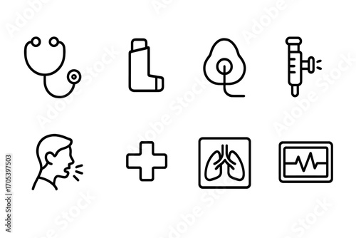 Respiratory Health Icons. Outline icon set of respiratory health: stethoscope, asthma inhaler, oxygen mask, spirometer, cough,