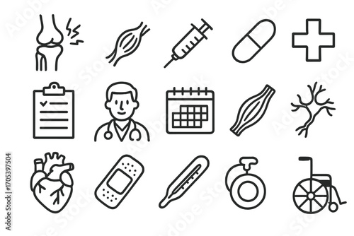 Ligament Pain Doodle Icons. Hand-drawn doodle illustration ligament ligament pain pain symbol, ligament, syringe, pill,