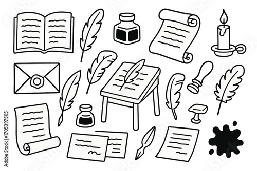 Historical Writing Tools. Hand-drawn doodle illustration historical manuscripts quill pen, parchment, ink bottle, scroll, wax seal