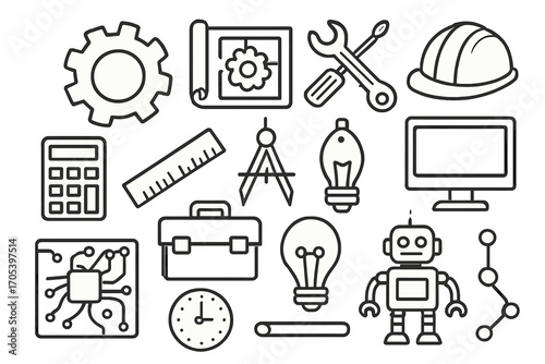 Engineering Tools Icons. Hand-drawn doodle illustration engineering expertise gear, blueprint, wrench, screwdriver, hard hat,