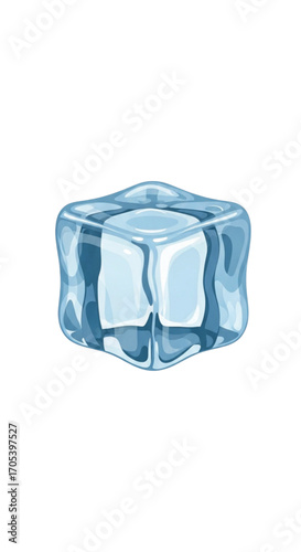 Single Clear Ice Cube Isolated on White Background.