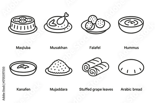 Palestinian Cuisine Icons. Outline icon set of Palestinian cuisine: Maqluba, Musakhan, Falafel, Hummus, Kanafeh, Mujaddara,
