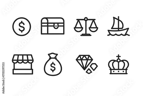 Empire Economy Icons. Outline icon set of empire economy: gold coin, treasure chest, scales, trade ship, market stall, bag of