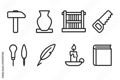 Duchy Crafts Icons. Outline icon set of duchy crafts: blacksmith hammer, pottery, weaving loom, carpenter saw, leather tools,