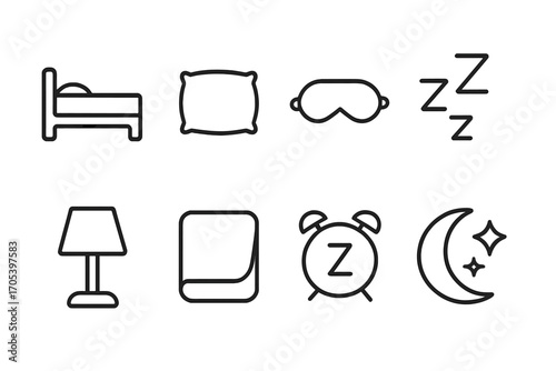 Sleep Icon Set. Outline icon set of sleep and napping: bed, pillow, sleep mask, zzz symbol, night lamp, blanket, snooze alarm,