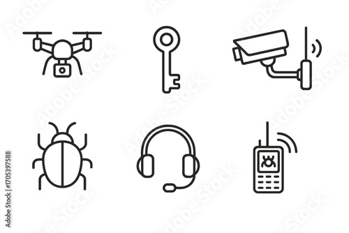 Secret Tech Icons. Outline icon set of secret technology: spy drone, encryption key, hacking device, surveillance camera, jammer,