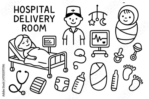 Newborn Doodle Icons. Hand-drawn doodle illustration hospital delivery room hospital bed, newborn baby, nurse, heart monitor, baby