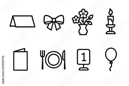 Event Seating Icons Set. Outline icon set of event seating accessories: name card, ribbon, flower centerpiece, candle holder, menu
