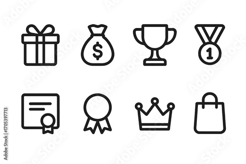 Leaderboard Prize Icons. Outline icon set of leaderboard prizes: gift box, money bag, trophy cup, medal, certificate, ribbon,
