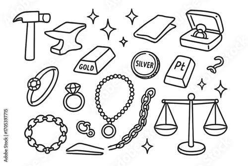 Jewelry Crafting Tools. Hand-drawn doodle illustration precious metal crafting hammer, anvil, polishing cloth, jewelry box, gold