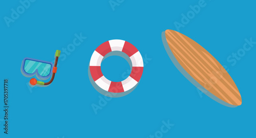 Flat design illustration of beach elements including a donut float, diving mask with snorkel, and an inflatable raft, representing fun, water activities, and summer relaxation on a clean background.