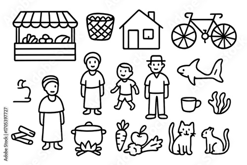 Namibian Market and Marine Life. Hand-drawn doodle illustration Namibian everyday life market stall, basket, bicycle, house, woman