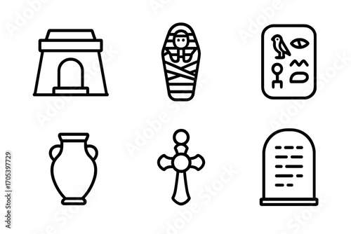 Ancient Tomb Icons. Outline icon set of tomb historical items: ancient tomb, sarcophagus, mummy, hieroglyphs, urn, artifact, relic