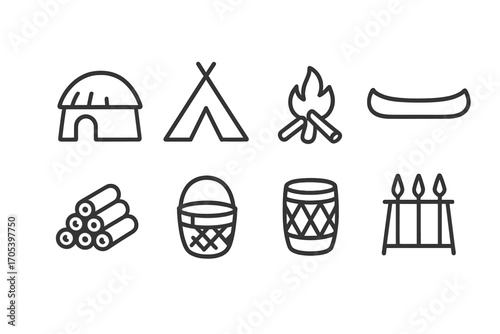 Tribal Housing Icons. Outline icon set of tribal housing: hut, tent, fire pit, canoe, wood pile, basket, drum, spear rack. Line