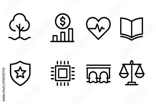 Senator Legislation Icons. Outline icon set of senator legislation topics: environment, economy, health, education, defense,