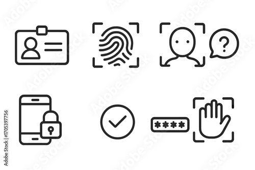 Identity Verification Icons. Outline icon set of identity verification: ID card, fingerprint scan, face recognition, security