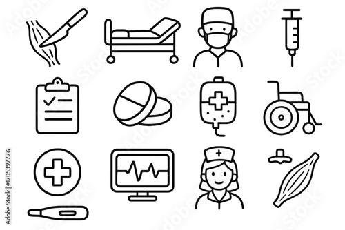 Medical Doodles Montage. Hand-drawn doodle illustration ligament ligament surgery scalpel, ligament, hospital bed, doctor, syringe